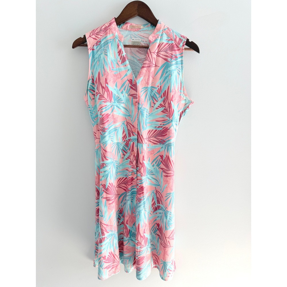 Columbia River Resort‎ Dress Womens Med Pink Blue Tropical Palm Leaf Sleeveless